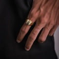 Men's gold-plated signet ring featuring a striped agate stone inlay on a model hand - US Size 12 / Gold-Tiger's Eye