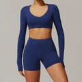 Ensemble de yoga bleu foncé pour femmes avec crop top à manches longues et short taille haute - S / Manches Longues + Shorts / Bleu Marine