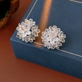 Silver plated floral earrings with clear zircon crystals on blue jewelry box edge - Floral Cluster Silver Studs (71# Silver Earring Post)