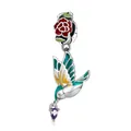 925 silver hummingbird charm with red rose and purple teardrop gemstone pendant - 925 Silver / Hummingbird and Purple Gemstone Pendant