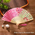 Japanese style bamboo folding fan with pink cherry blossom pattern and gradient finish - 02 Pink Cherry Rain