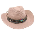 Detail of pink straw cowboy hat with bohemian beadwork and tassel trim decorations - Light Pink