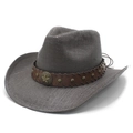 Detail of straw cowboy hat featuring leather band with studs and metal star badge - M (56-58cm) / Black and Gray