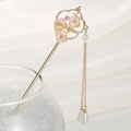 Detail of golden magnolia hair stick with pink flowers and hanging pearl tassels - Round Fan Small Pink Peach Blossom