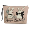 Beige canvas cosmetic bag featuring Angel Rabbits print and convenient wristlet strap - Angel Rabbit Illustration (Style) / 17*25cm (Linen) with Strap