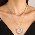 Collier double rang argenté avec chaîne cubaine et pendentif fleur de soleil - Pendentif Anneau Solaire Double Couche Argenté (4975)
