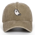 Vintage washed khaki cotton baseball cap with minimalist cat embroidery and curved brim - Khaki