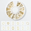 Golden alloy nail art rivets in various circular shapes stored in a white round box - Round Hollow Series (XY-14)