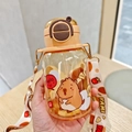 Orange Capybara cartoon water bottle with straw and adjustable shoulder strap for kids - 600ml / LF-2039 Brown (Capybara)