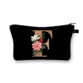 Polyester dumpling makeup bag in black featuring floral letter F gold print - Letter F