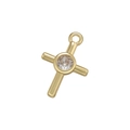 Close-up of golden cross pendant with a central round zircon stone and small ring - Gold Cross