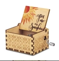 Hand-cranked wooden music box with You Are My Sunshine sun engraving on light wood - Sunshine 09