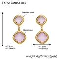 Golden stainless steel drop earrings with pink glass stone geometric cube pendant - Pink Glass Stone Gold Earrings