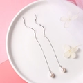 Elegant S925 silver wave ear threads with white pearl drop charms in silver finish - Silver / 8mm Natural Pearl