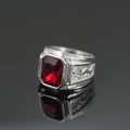 Retro dragon relief silver steel ring with rectangle red gemstone on black mirror - US 7 / Steel Color Red Gemstone