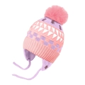 Roze en paarse gebreide dinosaurusmuts voor kinderen met pompon en oorkleppen - Jacquard Kleine Boom / Roze Paars