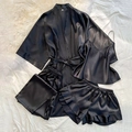 Black satin pajamas set with four pieces including robe, camisole, pants and shorts - S / Black