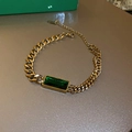 Elegant gold Cuban chain bracelet featuring a rectangle emerald green stone and clasp - Inlaid Zirconia Titanium Steel Style (33#)