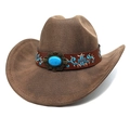 Detailed view of brown cowboy hat with embroidered leather band and turquoise buckle - M (56-58cm) / Striped Khaki
