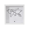 Front view of white shadow box frame with minimalist black line world map and flight path - World Map Adventure / 15x15cm / White