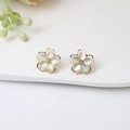 Elegant flower stud earrings with pearlescent petals and gold plating on white background - E3152-Iridescent Flower Gold Border
