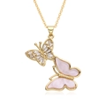 Exquisite gold necklace with twin butterfly pendants featuring pink shell and clear zircon - Pink Butterfly Style (F244)