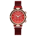 Women's burgundy Milanese loop watch with rose gold case and decorative triple sub-dials - Red Dial
