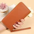 Caramel brown long zipper wallet for women featuring lychee grain leather and wrist strap - Brown