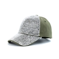 Detailed close-up of army green baseball cap with sparkling silver rhinestones - Khaki