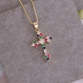 Detail of 18K gold cross pendant necklace with colorful cubic zirconia on stone surface - Red Green Blue Transparent Stone Cross (6#)