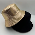 Detailed view of bucket hat featuring a gold metallic texture and black matte fabric - Gold Pleated Metallic 2-Piece Set (22)