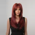 Long wine red synthetic wig with French bangs and layered straight hair texture - Wine Red (lc259-18) 24inch