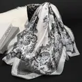 Silver-grey satin square scarf featuring vintage black floral and paisley patterns - Paisley Black Grey