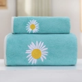 Thick light blue coral fleece towel set with daisy embroidery and soft texture - Towel (35*75cm) / Youth Daisy Series (Green)