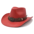 Roter Western-Strohhut mit breiter Krempe und dekorativem Bronze-Stierkopf-Gürtelband - M(56-58cm) / Rot