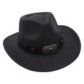 Close-up of a bull head relief metal buckle and studded leather band on a felt cowboy hat - One Size / Dark Gray