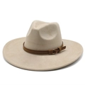 Detalle de sombrero fedora blanco roto con banda de cuero marrón y hebilla dorada fina - M (56-59cm) / Camel Claro Gamuza Sintética
