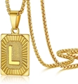 Macro shot of gold-plated rectangular letter L pendant with a box chain on white background - Letter L