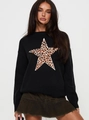 Pull en tricot noir pour femme avec motif étoile léopard et manches longues - S / Noir