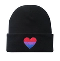 Black ribbed knit beanie with colorful heart embroidery and cuffed design for warmth - Pride Heart / Black