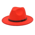 Close-up of red wool fedora hat with black leather band and gold metal studs - M (56-58cm) / Orange Red