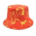 Detail of red bucket hat featuring yellow Chinese floral patterns and fan embroidery - Red