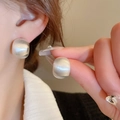 Minimalist pearlescent silver geometric stud earrings with brushed metallic texture for women - 7# Silver Earring Post - Silver