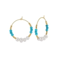 Gold-plated S925 sterling silver hoop earrings with turquoise beads and freshwater pearls - Bohemian Vacation Blue and White Hoop Earrings (MPE07-14K)