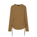 Women's long sleeve lace-up t-shirt in vintage tan with drawstring ruched details - S / Brown