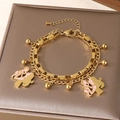 Gold double-layered stainless steel bracelet with pink enamel mother-child charms - Pink Enamel Mother Infant Style (KB203683-Z)