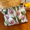 Canvas makeup bag featuring pink tulip floral pattern with a premium zipper closure - Beige Tulip