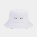 Detail of Stay Wild black embroidery on a white cotton twill bucket hat with neat stitching - One Size / White