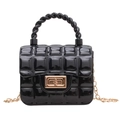 Glossy black quilted PVC mini tote bag with gold chain strap and turn-lock closure - Black