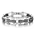Bracciale multistrato da uomo in metallo argento e gomma nera con chiusura a scatto - Argento e Nero